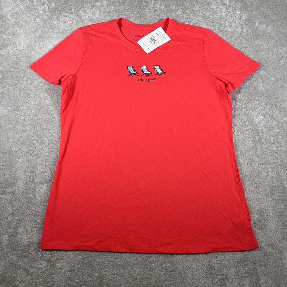 Life Is Good Shirt Womens Medium Red Beach Chairs Graphic Crewneck Short Sleeve